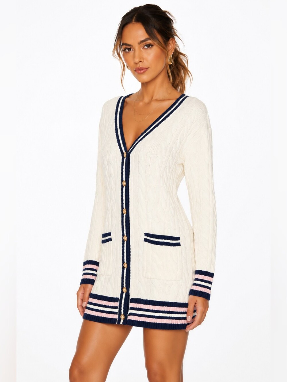 SAYLOR Marisole Sweater Dress M Ivory Cable Knit Navy Pink NWT $297